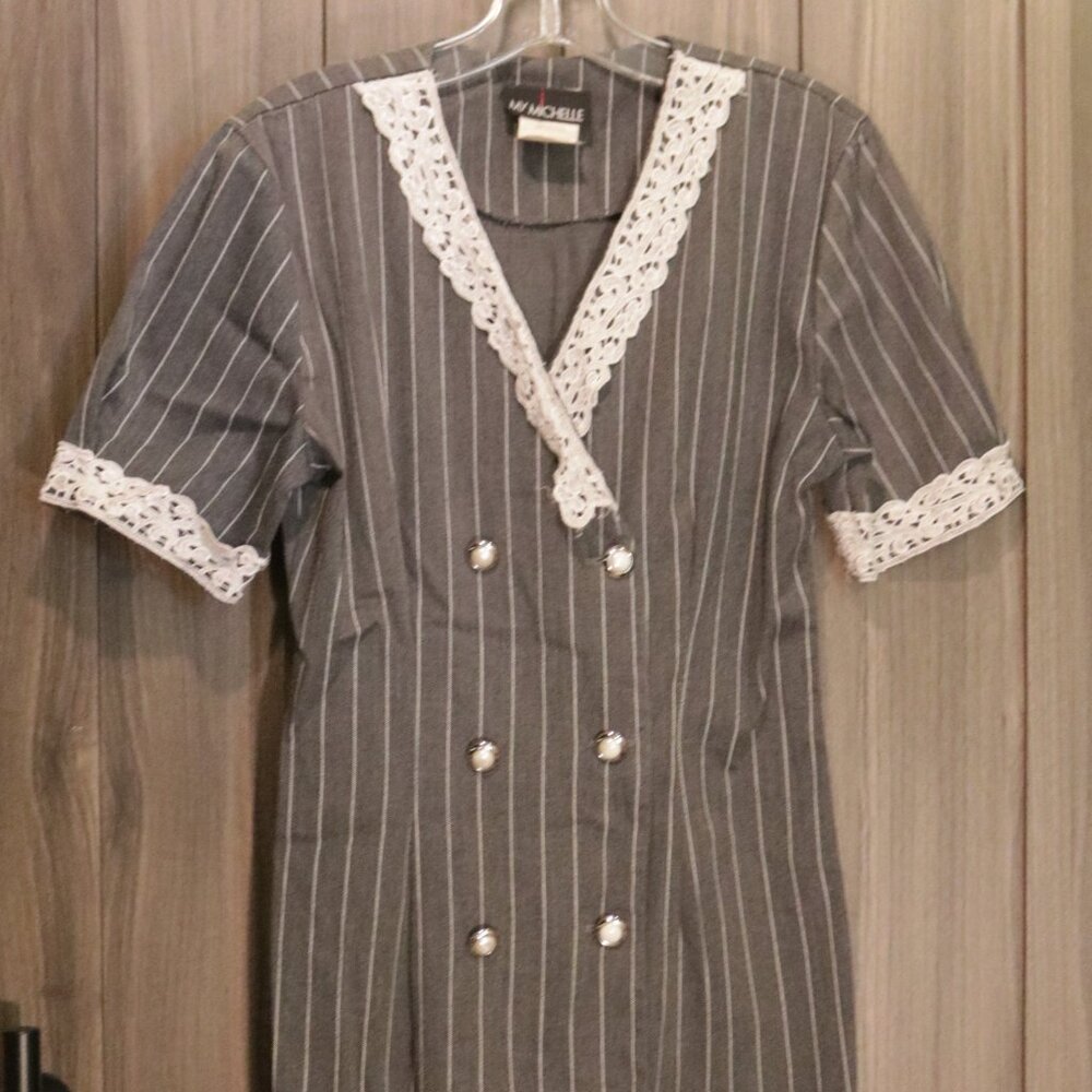 Vintage My Michelle Grey Stripe Double Breasted Dress